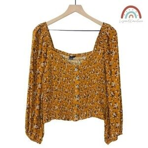 New! American Eagle Bohemian Ditsy Floral Smocked Cropped Balloon Sleeve Top